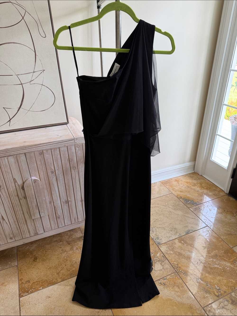 One-Shoulder Black Evening Gown with Draped Overlay